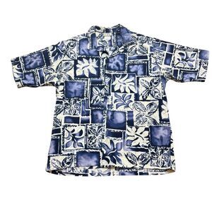 Mens Vintage UTY Apparel Blue and White Floral Leaf Print‎ Button Down Medium